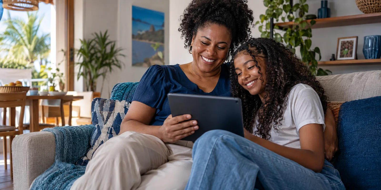 Mãe e filha usando um tablet juntas em casa